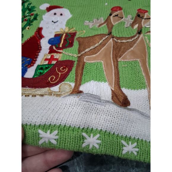 Quacker Factory Women’s 2x Christmas Sweater Green Santa Reindeer Embroidered - Picture 5 of 11